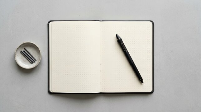 Top view flat lay of blank open dot grid notebook with digital drawing stylus pen and ceramic dish of replacement nibs on grey desk