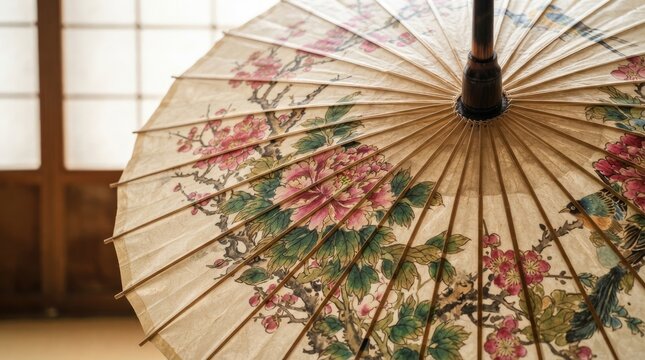 Traditional Japanese wagasa paper umbrella decorated with hand-painted flowers