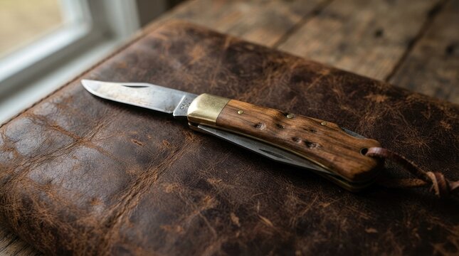 Classic folding pocket knife with a wooden handle on a rustic leather pouch