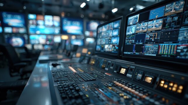 Multiview Monitors And Mixing Console Displaying Live Feeds, Technical Director Managing Signals And Graphics Pipeline With Precision, Cool LED Indicators And Dense Cabling Emphasize Operational Focus
