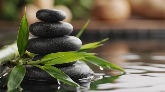 Stacked black zen stones and bamboo leaves in water