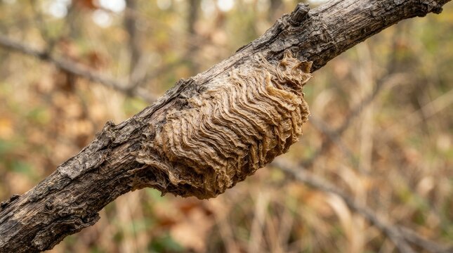 Praying mantis ootheca egg case attached to a dry tree branch in autumn forest