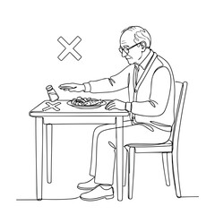 Fototapeta premium Elderly man avoiding salt while preparing meal at dining table and focusing on healthy eating.
