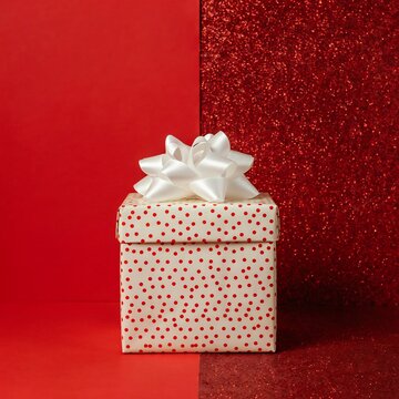 Festive gift box with a white ribbon on a vibrant red background