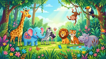 Fototapeta premium Cute Cartoon Wild Animals in Jungle Illustration with Lion Elephant Giraffe and Tiger for Children Education