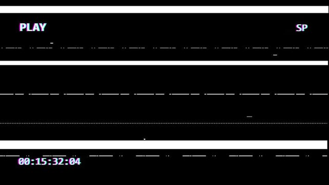 VHS defects, artifacts and noise. old damaged VHS tape playing. Retro vintage background Play HUD Signal Distortion Overlay HD
