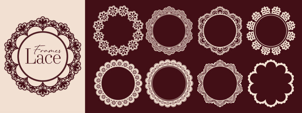 Round scallop lace frame collection. Vintage border edge and delicate doily trim. Circle shapes with crochet outline and decorative floral pattern.