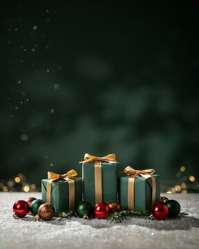 Festive christmas gifts with ornaments on a snowy surface and dark background