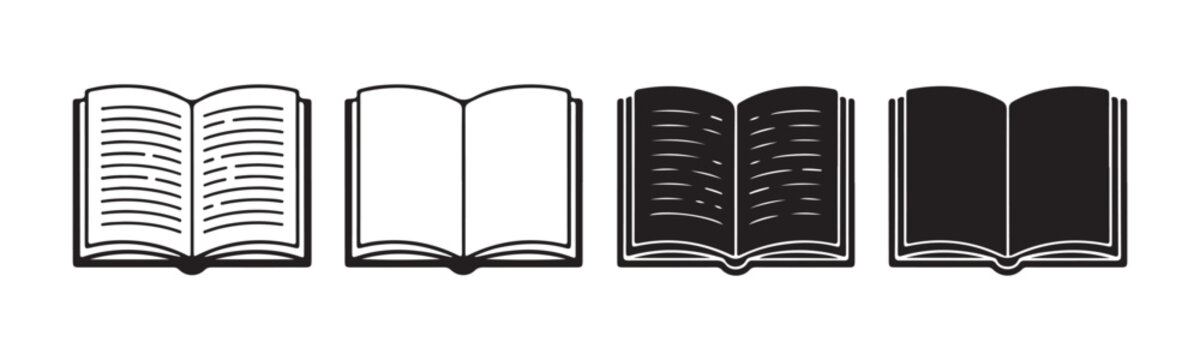 Detailed black book icons set showcasing open textbooks with varying paper and cover graphic styles.