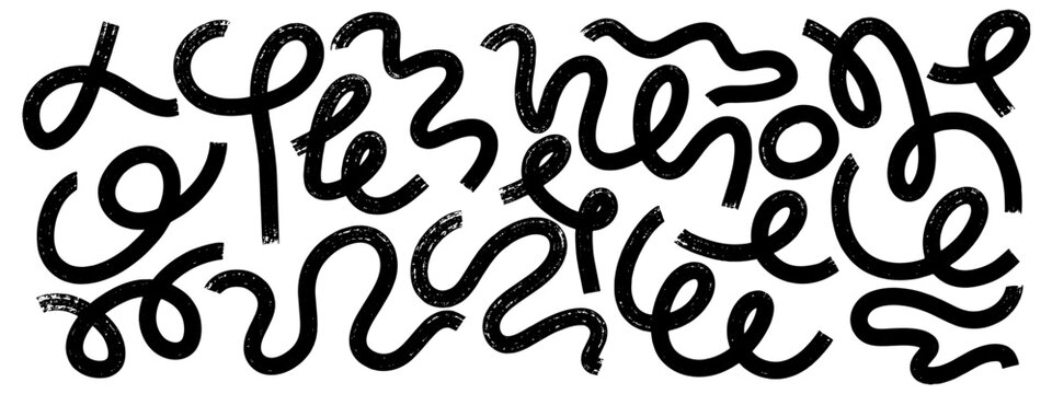 Hand drawn bold brush squiggles with thick wavy lines and curly doodle marks. Rough abstract swirls in funky childish naive style. Playful marker elements for collages.