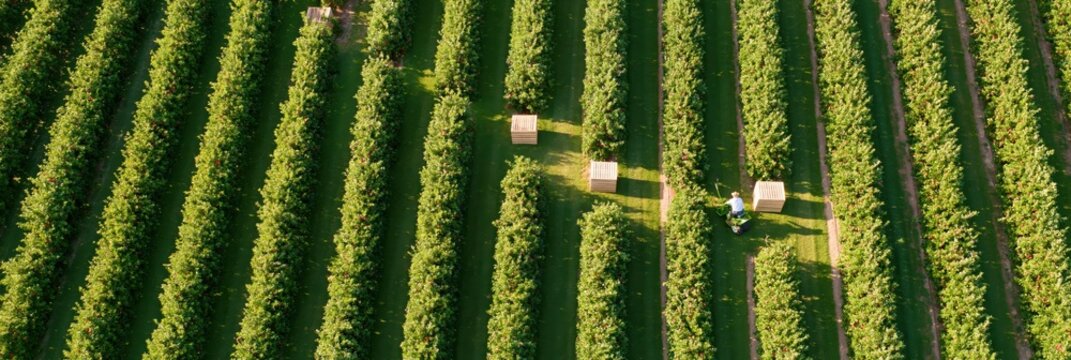 Aerial view of apple orchard with worker and harvest crates during golden hour