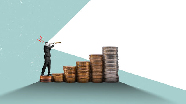 A businessman examines economic growth opportunities with a telescope. Rising stacks of coins resemble stock market charts.