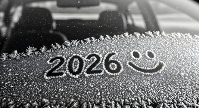 Frosty 2026 and a smiley face on a car windshield