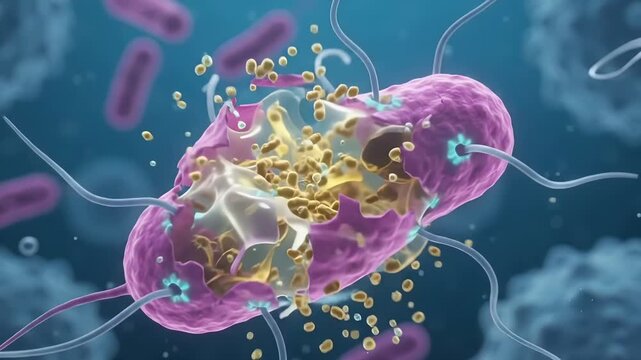 3D medical illustration of pink rod-shaped bacteria with flagella floating in a blue microscopic environment.
