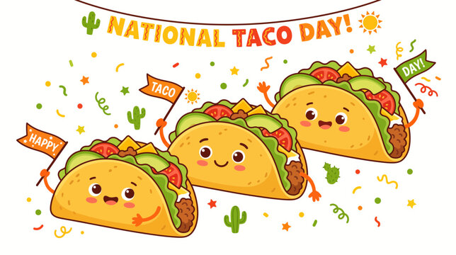 Three happy cartoon tacos celebrating National Taco Day with confetti, cacti, and festive decorations on a white background.