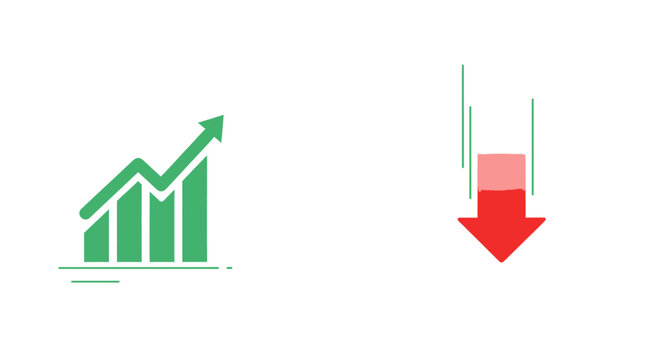 Green bar chart with an upward arrow symbolizing growth and a red downward arrow indicating decline.