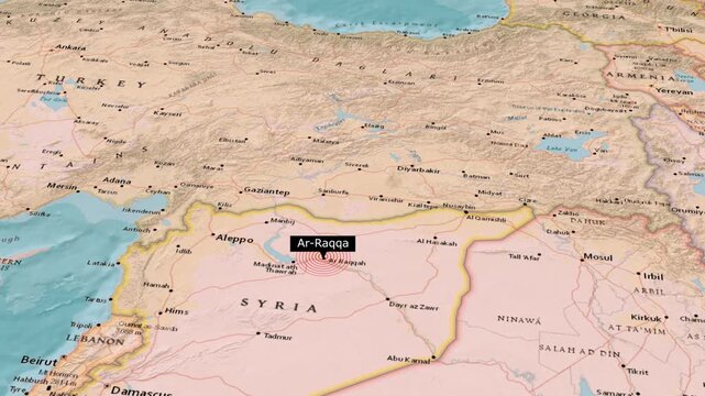 Ar-Raqqa Location Highlighted on Syria Turkey Regional Map