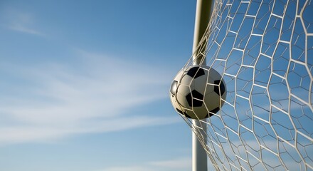 Obraz premium Soccer ball scores in goal net under a bright blue sky