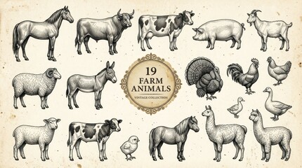 Fototapeta premium Vintage Farm Animals Collection - 19 Hand-Drawn Engraving Style Illustrations of Livestock and Poultry on Aged Paper