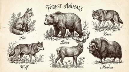 Fototapeta premium Vintage Hand Drawn Forest Animals Illustration Set Featuring Bear Wolf Fox Deer and Muskox on Aged Paper Background