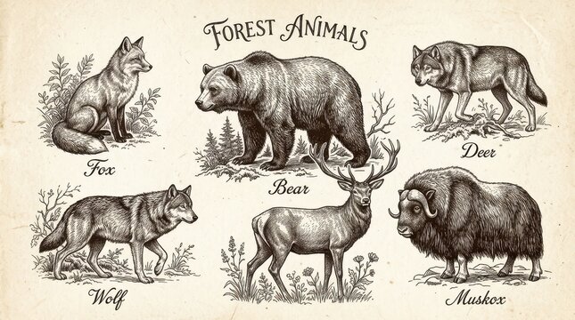 Vintage Hand Drawn Forest Animals Illustration Set Featuring Bear Wolf Fox Deer and Muskox on Aged Paper Background