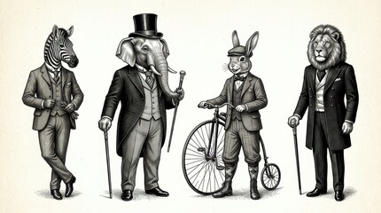Obraz premium Vintage Style Illustration of Anthropomorphic Animals in Victorian Suits Featuring Elephant Lion Zebra and Rabbit