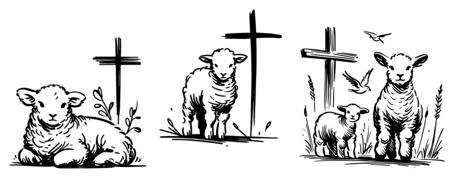 Easter Lamb with Cross Religious Illustration, Christian Lamb of God Symbolic Art, Biblical Sheep and Cross Landscape, Vintage Black and White Line Art