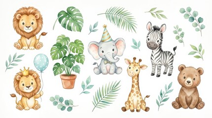 Naklejka premium Cute Watercolor Safari Animals Clipart Set with Lion Elephant Zebra Giraffe Bear and Tropical Leaves for Nursery Decor