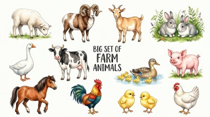 Obraz premium Big Set of Farm Animals Watercolor Illustration Collection with Cow, Horse, Pig, Sheep, and Poultry Isolated on White