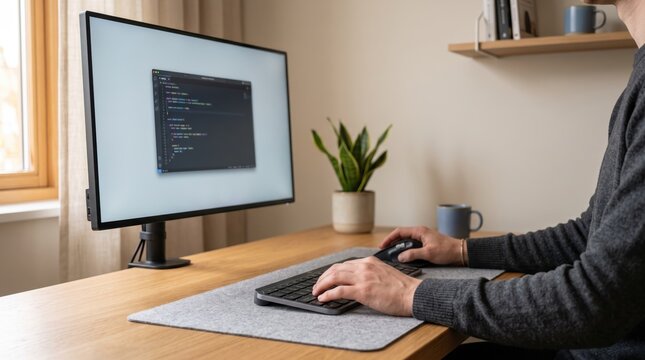Programmer writing code on large monitor with dark theme interface, software development and web design, side view of developer working at wooden desk in cozy home office
