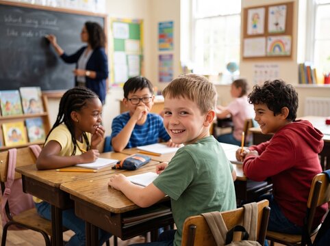 Diverse group of elementary students smiling in a classroom setting