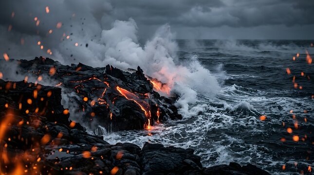 Glowing red hot lava violently crashing into turbulent dark ocean waves generating steam for earth science textbooks and coastal geology publications