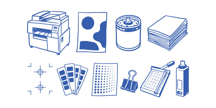 Professional offset printing equipment elements, print shop tools, and prepress paper accessories doodle collection set Vector Illustration