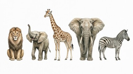 Fototapeta premium Watercolor Illustration of African Safari Animals Including Lion, Elephant, Giraffe, and Zebra on White Background.