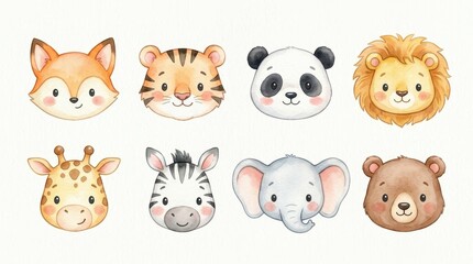 Fototapeta premium Cute Watercolor Safari and Forest Animal Faces Set - Fox, Tiger, Panda, Lion, Giraffe, Zebra, Elephant, and Bear Illustrations