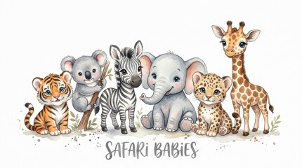 Obraz premium Cute Watercolor Safari Baby Animals Collection Featuring Tiger, Koala, Zebra, Elephant, Leopard, and Giraffe