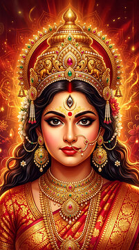 Stunning portrait of goddess durga with ornate gold jewelry and radiant aura