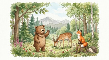 Fototapeta premium Cute Watercolor Forest Animals Illustration with Bear, Deer, Fox, and Hedgehog in a Woodland Landscape