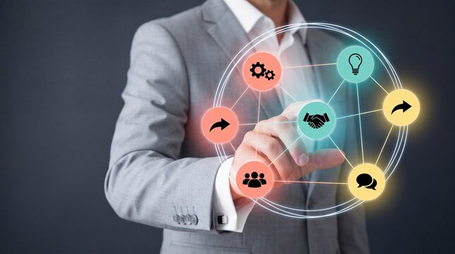 Professional businessman in a grey suit interacting with a futuristic glowing digital interface featuring network icons for global business communication and strategic development success concepts