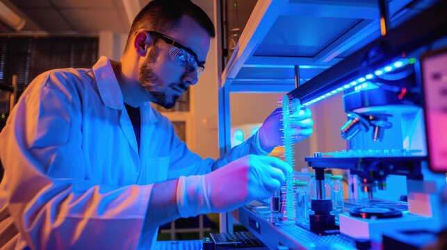 Technician Using Laser Tool for Synthesis in Modern Technology Lab