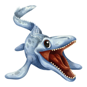 Watercolor mosasaurus marine reptile isolated PNG illustration, featuring a cute hand-drawn blue prehistoric aquatic dinosaur cartoon character on transparent background for digital design and craft