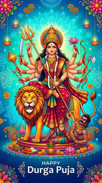 Vibrant goddess durga illustration for happy durga puja celebration