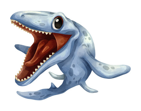 Watercolor mosasaurus marine reptile isolated PNG illustration, featuring a cute hand-drawn blue prehistoric aquatic dinosaur cartoon character on transparent background for digital design and craft