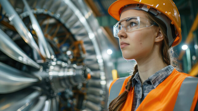 Young Female Mechanical Engineer Wearing Hardhat in Industrial Setting