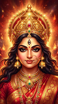 Divine goddess durga portrait with radiant golden ornaments and traditional attire