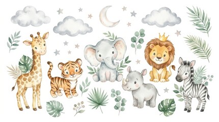 Fototapeta premium Watercolor Baby Safari Animals Set - Cute Giraffe, Tiger, Elephant, Rhino, Lion, and Zebra with Tropical Leaves and Stars