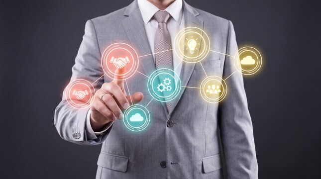Professional businessman in a grey suit touching a glowing holographic interface displaying various digital business icons like handshake lightbulb cloud and teamwork in corporate setting