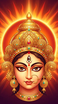 Divine goddess durga portrait with radiant golden crown and third eye
