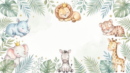 Obraz premium Watercolor Baby Safari Animals Frame with Sleeping Lion Tiger Elephant Giraffe Zebra and Rhino for Nursery Decor