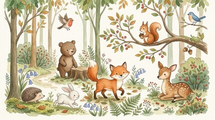 Fototapeta premium Watercolor Forest Animals Illustration with Fox, Deer, Bear, Rabbit, and Squirrel in a Whimsical Woodland Scene